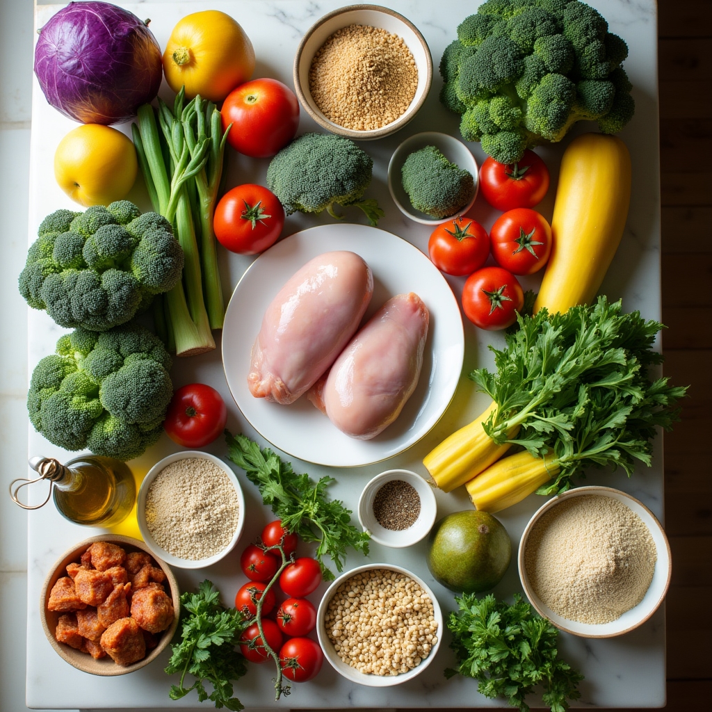 Wide overhead shot of colorful fresh vegetables, grains, and proteins arranged on a large kitchen counter ready for prep